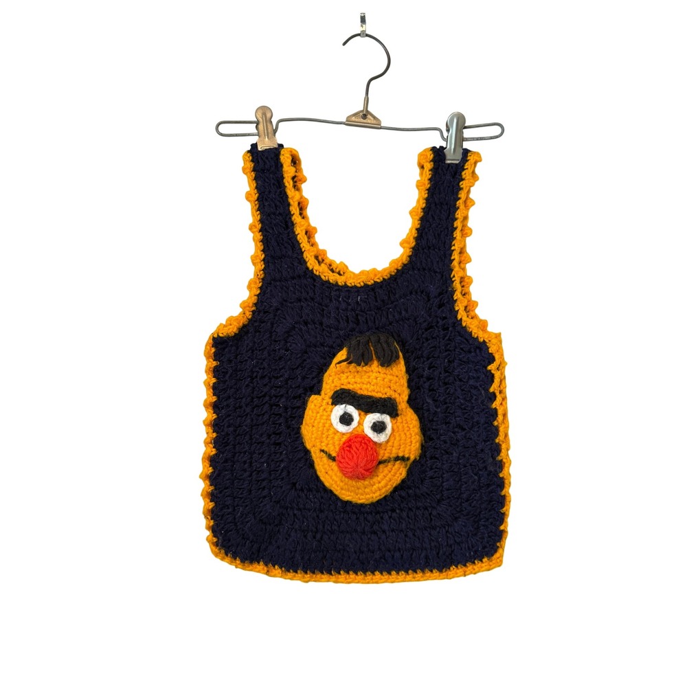 Vintage JCPenney Sesame Street Bert Crochet Sweater Vest Navy Blue Kids Large 6X